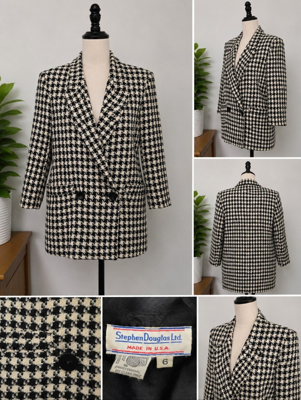 Vintage Stephen Douglas Ltd Houndstooth Blazer Jacket USA Made Size 6